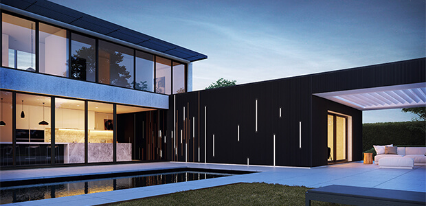 Renson LINARTE Aluminium-Fassaden-Verkleidung mit LED-Streifen, Foto: Renson