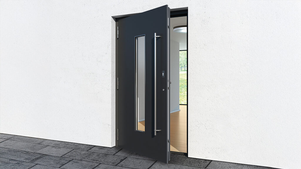 Sicherheit trifft Design: Die Schüco-Sicherheitstür mit hochwertigem Türbeschlag und P4A-Sicherheitsglas. Perfekt für moderne Architektur und maximalen Schutz.