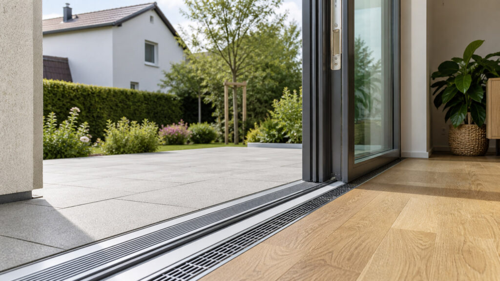 Nahezu niveaugleicher Übergang einer Schiebetür zwischen Wohnraum und Terrasse