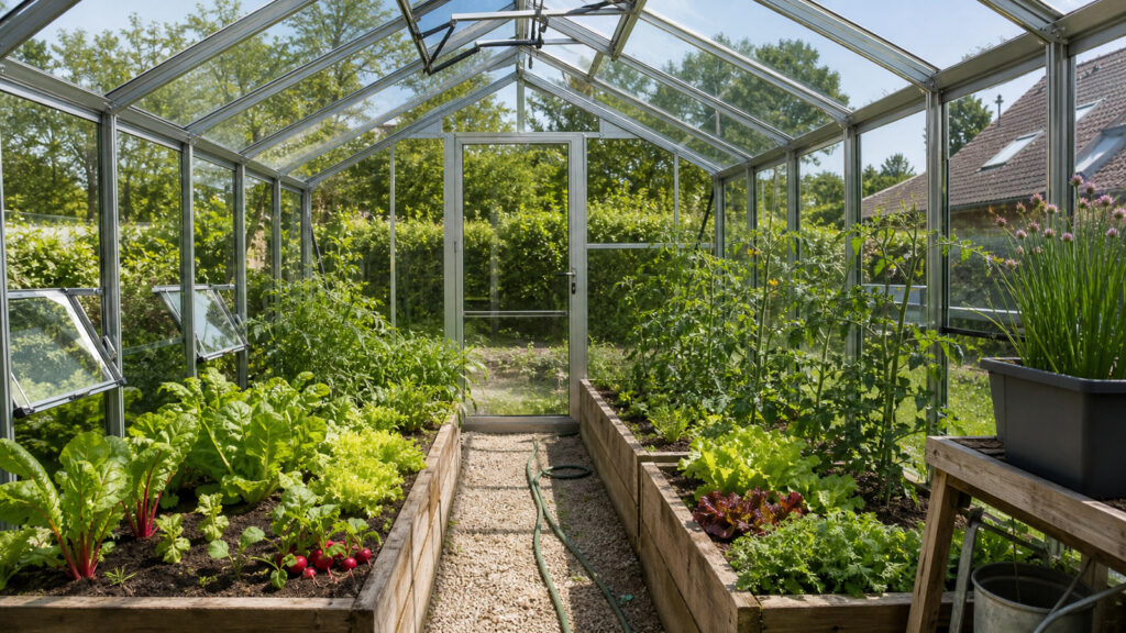 Salat, Mangold, Radieschen und Tomaten in einem hellen Glasgewächshaus
