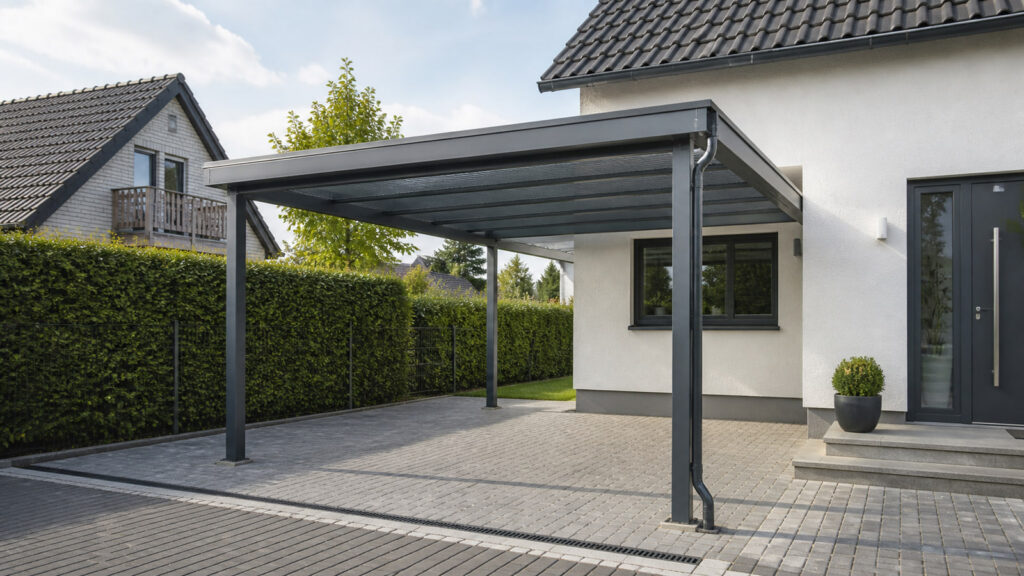 Leerer Aluminiumcarport mit sichtbarer Entwässerung an einem deutschen Wohnhaus