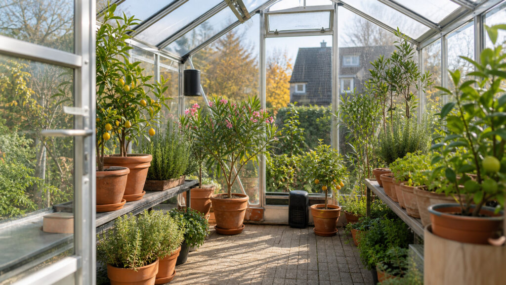 Zitrus- und Kübelpflanzen in einem hellen Glasgewächshaus im Herbst