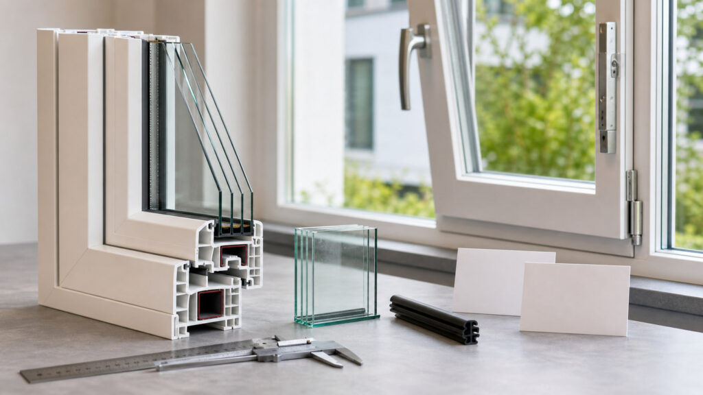 Fensterprofil, Dreifachverglasung, Dichtung und Messwerkzeug auf einem hellen Prüftisch
