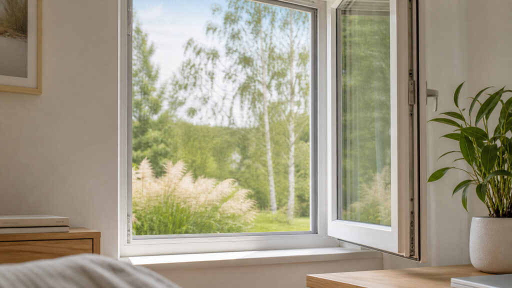 Geöffnetes Dreh-Kipp-Fenster mit feinem Pollenschutzgewebe in einem hellen Raum