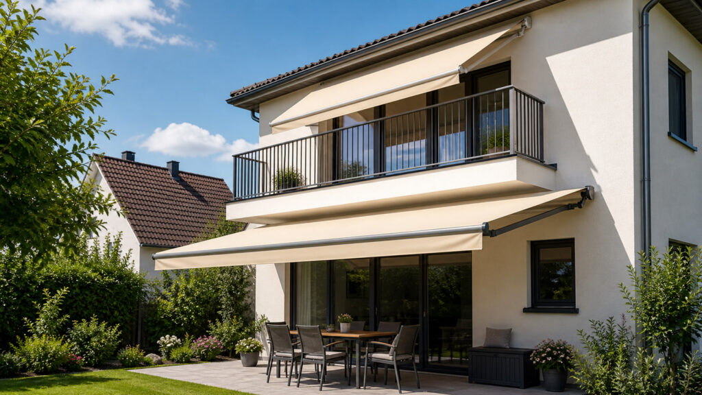 Helle Markisen über Terrasse und Balkon an einem deutschen Wohnhaus