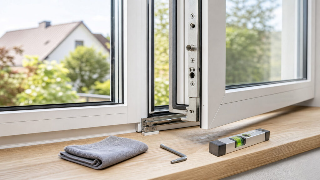 Geöffnetes Dreh-Kipp-Fenster mit sichtbarem Beschlag und passenden Werkzeugen