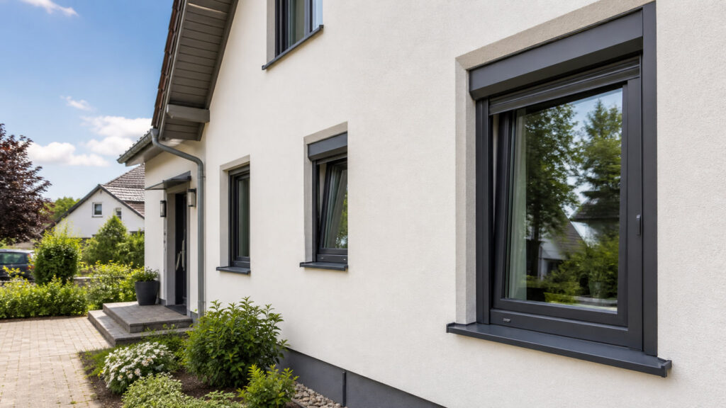 Modernisierte Fenster mit Rollläden an einem deutschen Einfamilienhaus