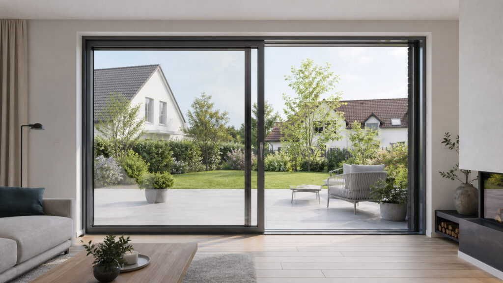 Große Hebe-Schiebetür zwischen hellem Wohnraum und Garten eines deutschen Wohnhauses