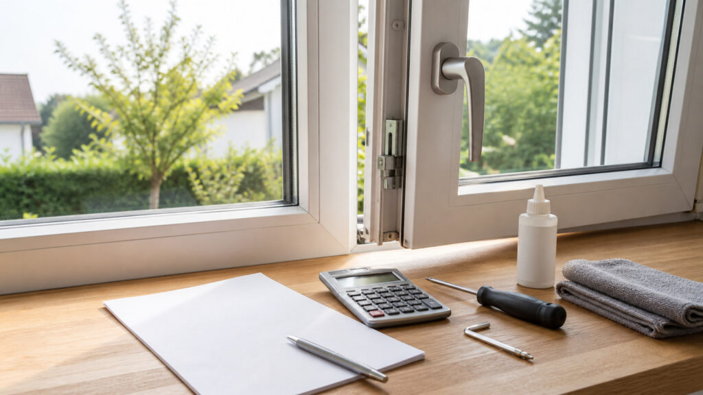 Fensterbeschlag mit Werkzeugen, neutraler Rechnung und Taschenrechner