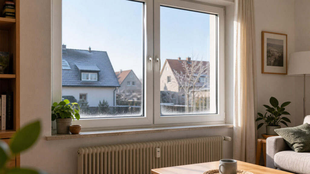 Älteres weißes Fenster über einem Heizkörper an einem hellen Wintermorgen