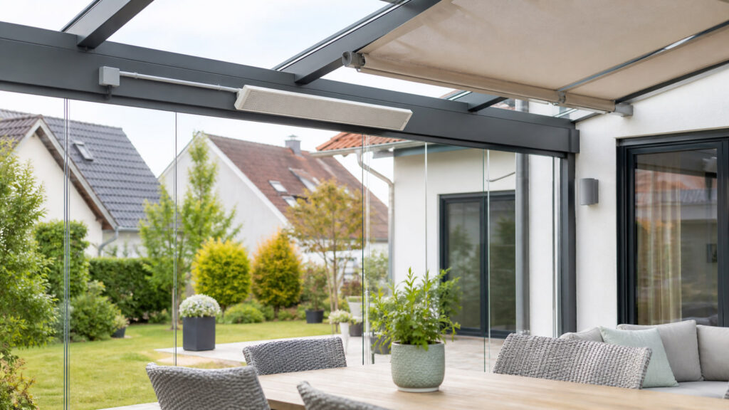 Generischer Infrarotstrahler an einer hellen verglasten Terrasse