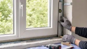 Behandschuhte Hände prüfen mit einer Wasserwaage die Ausrichtung eines Fensters im Rohbau