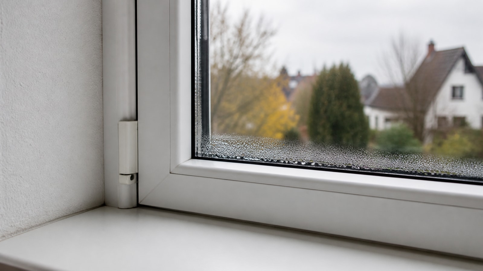 Feine Kondenswassertropfen am unteren Rand eines weißen Dreh-Kipp-Fensters