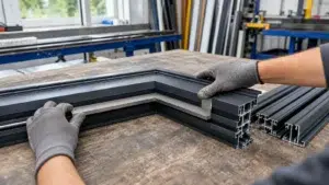 Behandschuhte Hände prüfen den Eckstoß eines Aluminiumrahmens mit einem flach angelegten Anschlagwinkel