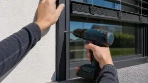 Eine Hand hält die Führungsschiene, während die andere eine einzelne Befestigungsschraube mit dem Akkuschrauber anzieht