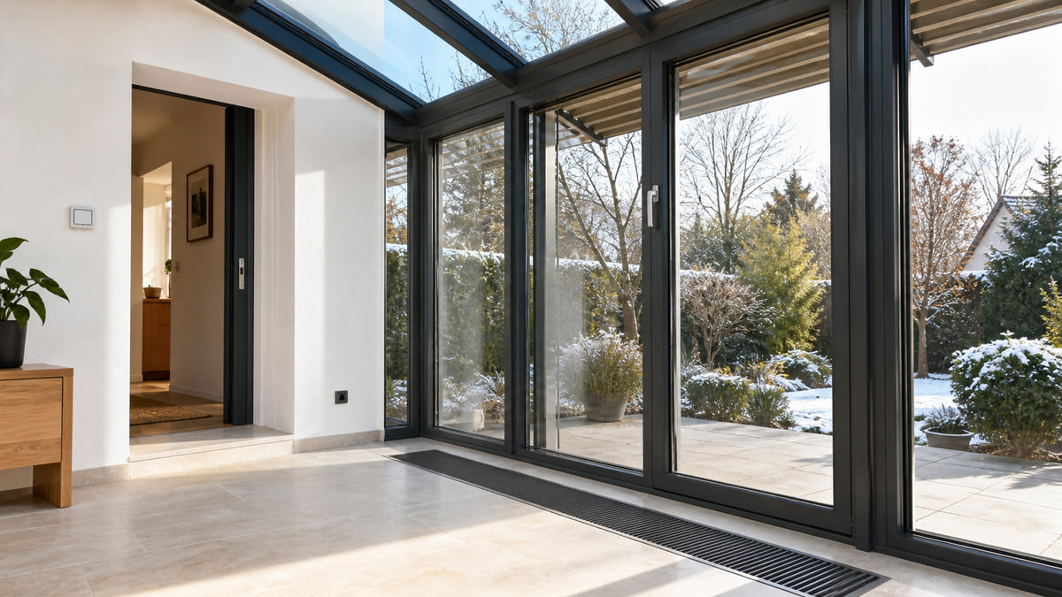 Heller Wohnwintergarten mit Bodenkonvektor entlang der Glasfassade