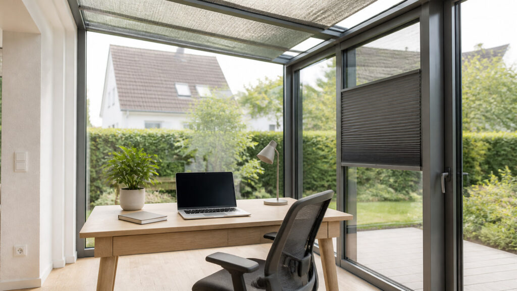 Menschenfreier Arbeitsplatz in einem hellen Wohnwintergarten