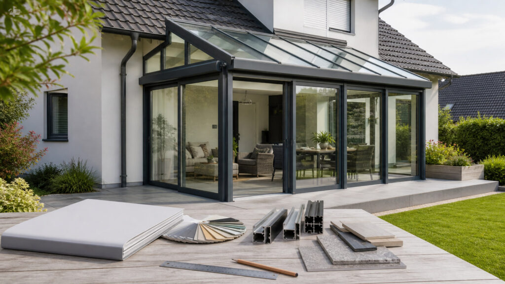 Wintergarten und neutrale Materialmuster für die Projektplanung