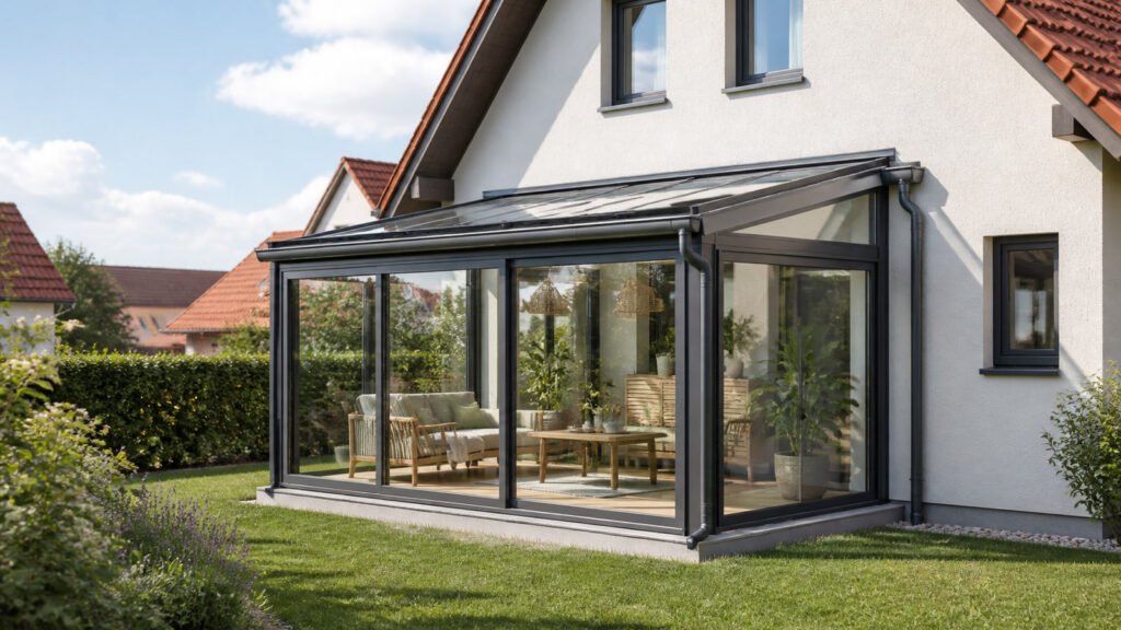 Heller menschenfreier Wintergarten an einem deutschen Wohnhaus